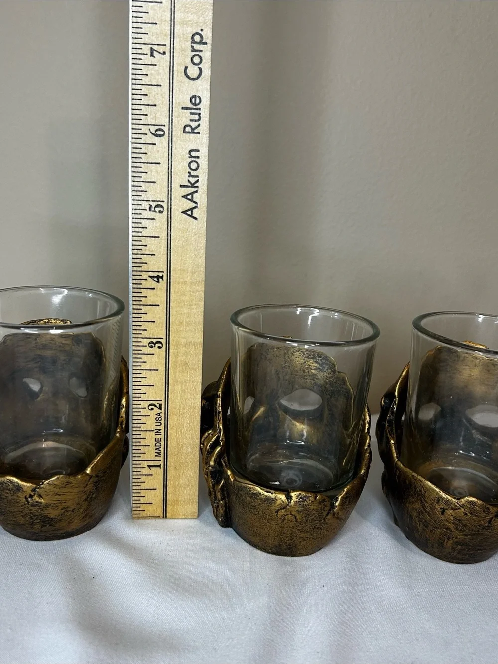 Gold-Tone Skull Candle Holders - See, Hear, & Speak No Evil.